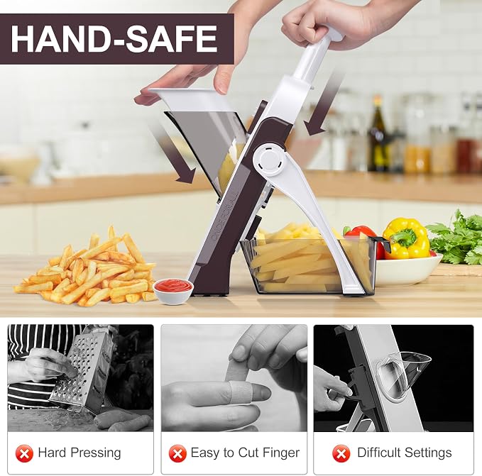 Safe Mandoline Slicer for Kitchen, Vegetable & Food Cutter, Easy to Clean | Safe Mandoline Slicer for Kitchen, Easy to Clean/Storage, Potato Slicing, Strips, Shredding, Dicing, Cleaning brush(Brown)