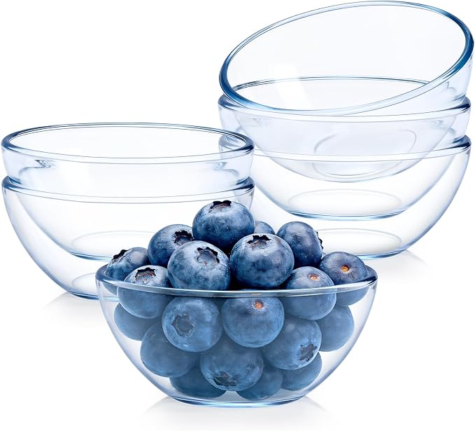 NUTRIUPS 5 Inch Small Glass Bowls Set of 6, 8oz Glass Dessert Bowl Set, Clear Tempered Glass Sauce Bowls for Kitchen Microwave and Oven Safe (5 inch, Set of 6)