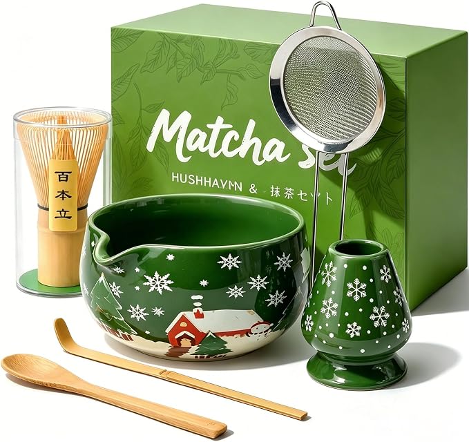 Matcha Whisk Set, Ceramic Matcha Set Includes Bowl & Holder, Bamboo Whisk (Chasen), Scoop, Spoon and Sifter, 6Pcs Matcha Kit Covers Everything Needed for Making Matcha