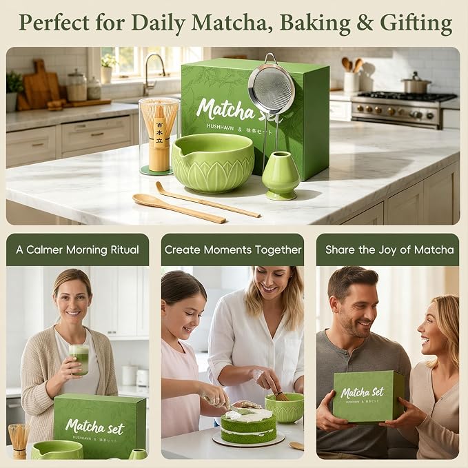Matcha Whisk Set, Ceramic Matcha Set Includes Bowl & Holder, Bamboo Whisk (Chasen), Scoop, Spoon and Sifter, 6Pcs Matcha Kit Covers Everything Needed for Making Matcha (Leaf Green)