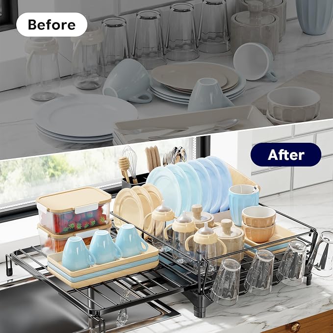 Simple Trending Dish Drying Rack - Expandable Dish Rack for Kitchen Counter, Large Capacity Dish Drainer, Stainless Steel Dish Strainer with Utensil & Cup Holders, Black