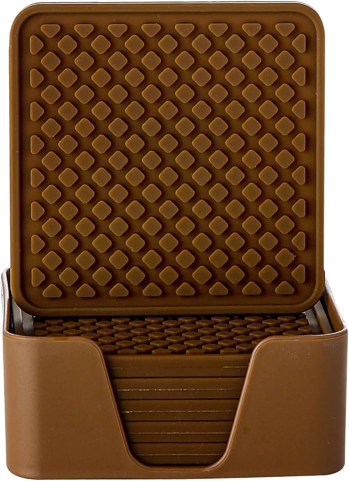 Colinda Silicone Drink Coasters with Holder, Set of 6, for Tabletop Protection and Office Desk, Cup Mat Set for Home Decor, Non-Slip and Non-Stick,Square, 4 Inch,Chocolate Brown