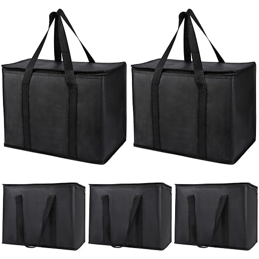 Bodaon 5-Pack Insulated Reusable Grocery Shopping Bag, X-Large Frozen Food Cold, Cooler Bags, Insulated Pizza Delivery Bag, Black
