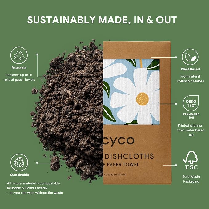 RECYCO Swedish Dishcloths for Kitchen | 5 Pack Daisy Dreams Washable Dish Rags | Cellulose Reusable Cleaning Paper Towels | Absorbent Counter Dish Cloth Sponge Kitchen Wipes, 8" L x 7" W