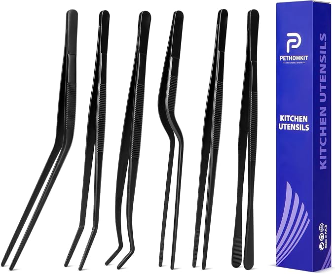 Kitchen Tweezer Tongs Set for Chef Food Plating, 6 Pcs, 8", Black | Stainless Steel, Small Chef Food Culinary Bar Thin Skinny Tweezers Tongs, Cooking Tweezers Set, For Baking Decorating Feeding