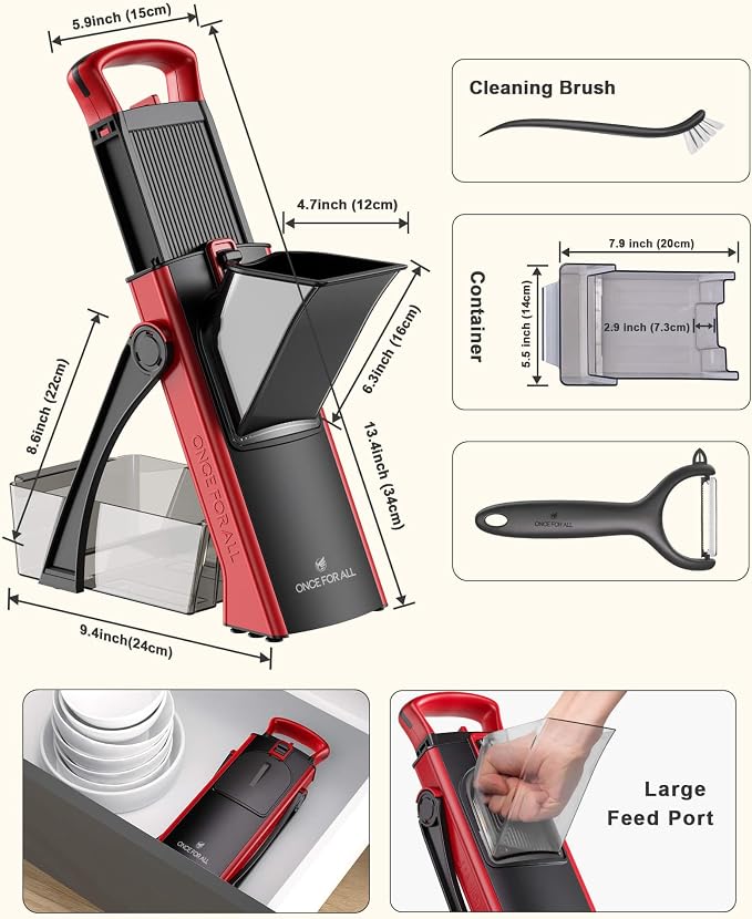 ONCE FOR ALL Safe Mandoline Slicer Plus with Peeler, Bigger Size, Red | 0.1-8mm Adjustable Potato Slicer, Veggie Slicer Potato Fries Cutter, Detachable Blade, Stainless Steel, Dishwasher-safe, Gift