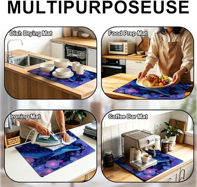 Glowing Dolphin Washer Dryer Top Cover Mat 28.35x20.47 in | Heat Resistant Cooktop Protector Mat with Non-Slip Backing, Scratch Protection and Countertop Drying Mat.
