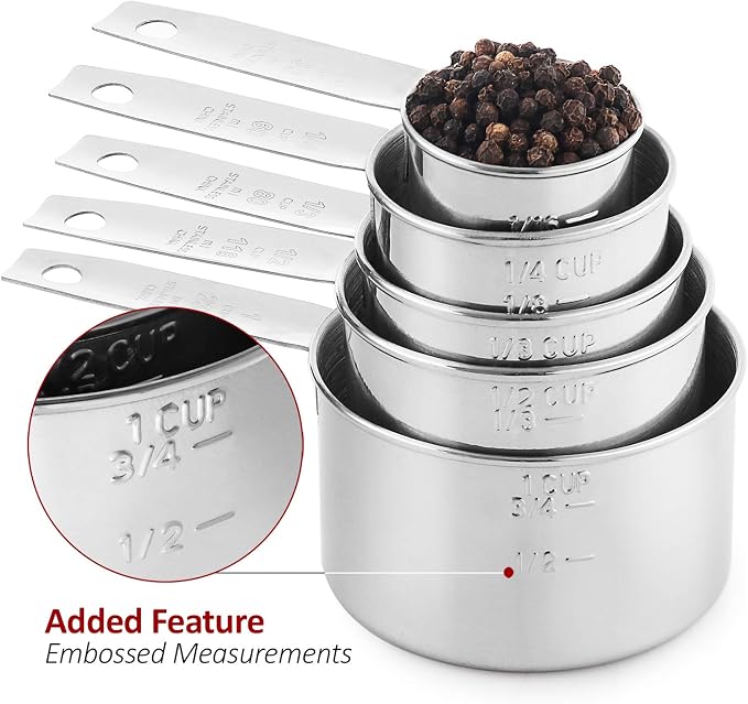 Laxinis World Stainless Steel Measuring Cups Set, 5-Piece, 1-Pack | Satin-brushed Steel, Engraved Metric and US Standard Markings, Elongated Handles, Nesting Ring Storage, and Dishwasher Safe