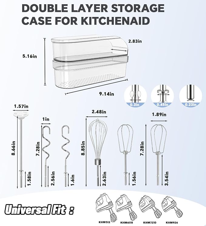 Hand Mixer Storage Case Compatible with KitchenAid KHM5/KHM6/KHM7/KHM9 Series Ultra Power Hand Mixers, Double-Layer Transparent PC Storage Box (Storage Case+Accessories)