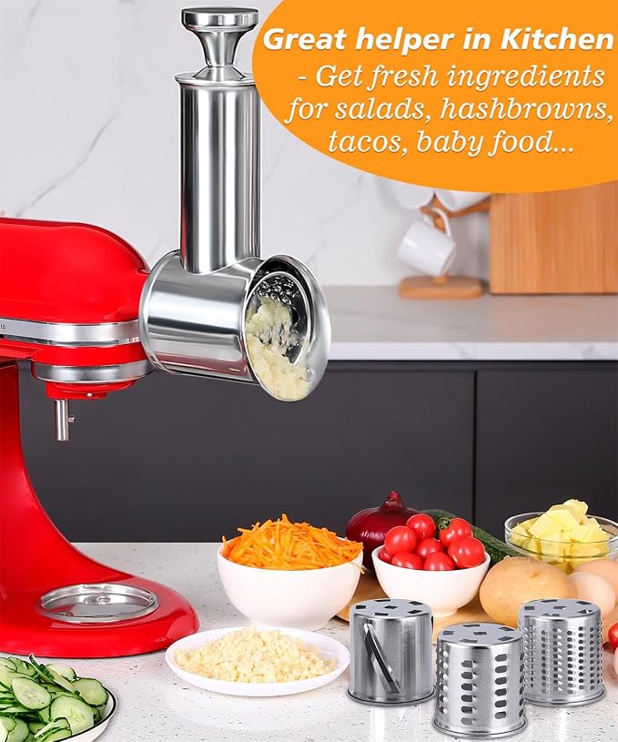 FavroKit Fresh Prep. Cheese Grater Attachment for KitchenAid Stand Mixers | Full Stainless Steel Slicer Shredder,60mm Feed Tube,Ergonomic Pusher,Dishwasher Safe Salad Maker Accessories,4 Thick Blades