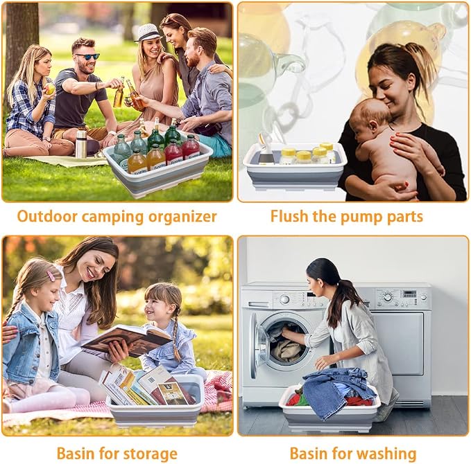Goderewild Collapsible Dish Pans – 10L (2.6 Gal) Foldable Sink Tub, 14.7x10.6x4.6 in(L×W×H), Compact and Space-Saving Multiuse Foldable Basin for Dish Washing, Camping, RV and Vegetable Cleaning(Gray)