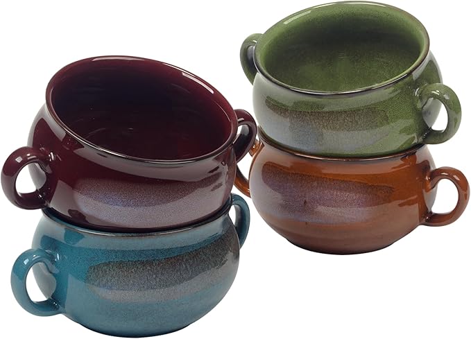 Stoneware 24oz Reactive Glaze Soup Crocks Set of 4: Perfect for soups, stews, and casseroles. Unique reactive glaze, oven-safe, microwave- and dishwasher-friendly with easy-grip handles for serving.