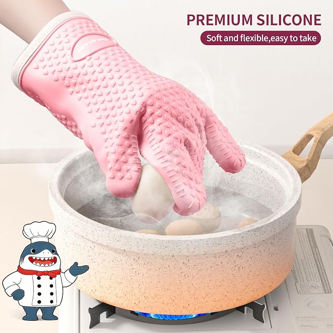 MAD SHARK Silicone Oven Mitts with Fingers Heat Resistant 450°F in Kitchen | Waterproof & Non-Slip Oven Gloves,Cotton Lined Silicone Kitchen Mitts for Baking Cooking Barbecue,Women (Pink)