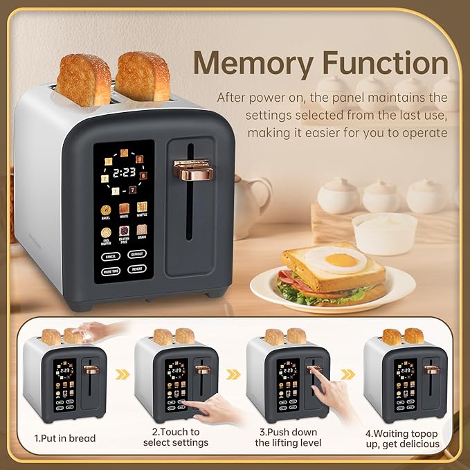 SEEDEEM 2 Slice Stainless Steel Toaster, Touch LCD, 7 Shade, 1350W | 6 Bread Type, 7 Shade Setting, 1.5''Wide Slots, Removable Crumb Tray