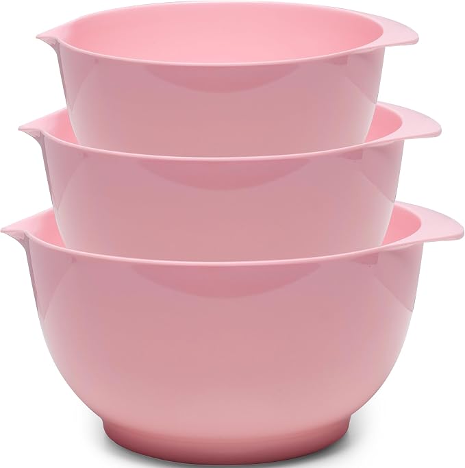 Nesting Melamine Mixing Bowl Set with Pour Spouts, Set of 3, Nesting Design Saves Space, Non-Slip, Size 2, 2.9 and 3.9qt, for Prepping, Mixing, Baking, Cooking, Pink