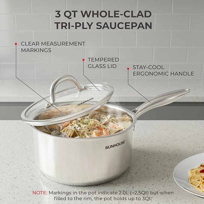 SUNHOUSE 3 QT Sauce Pan with Lid, Full Clad 3-Ply Stainless Steel Saucepan | Small Cooking Pot & Milk Pan - Induction Compatible - PFOA Free, Oven & Dishwasher Safe, Stay-Cool Handle