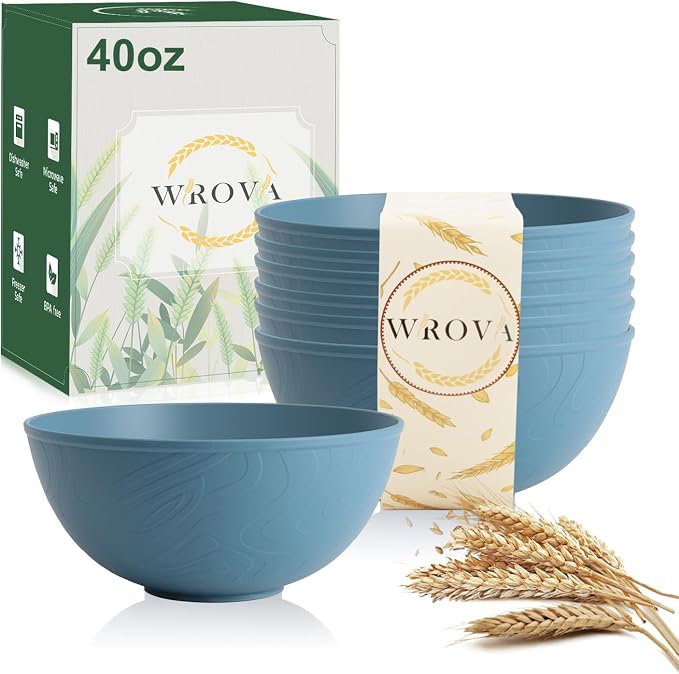 Wheat Straw Salad Bowls for Kitchen set of 6,Anti-Scald Thick Soup Bowls 40oz,Microwave and Dishwasher Safe Bowl set easy to clean. Blue