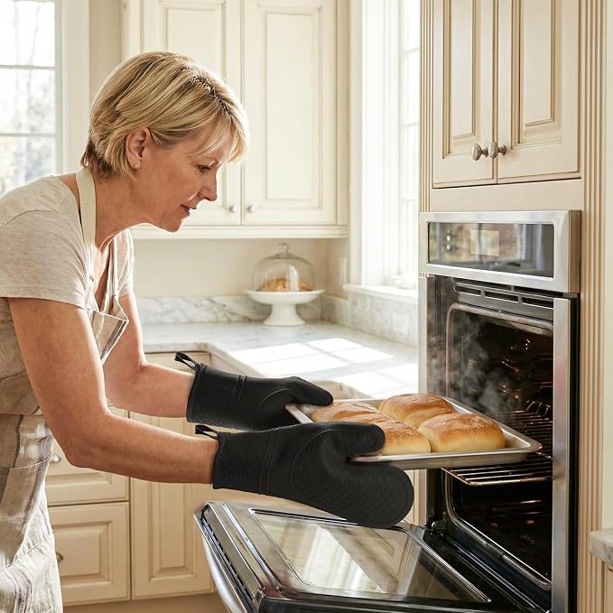 Heat Resistant Silicone Oven Mitts, Up to 500°F Protection for Baking & Grilling, 1 Pair (Black, Standard Thickness)