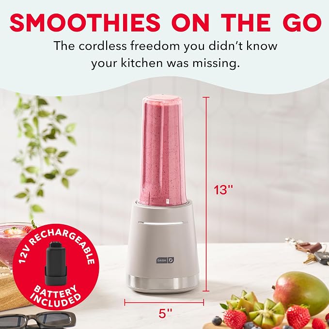 Dash Cordless Personal Blender, 17-oz, French Grey | Portable Smoothie Blender for Protein Shakes & Frozen Drinks, Single-Serve Travel Cup, Rechargeable
