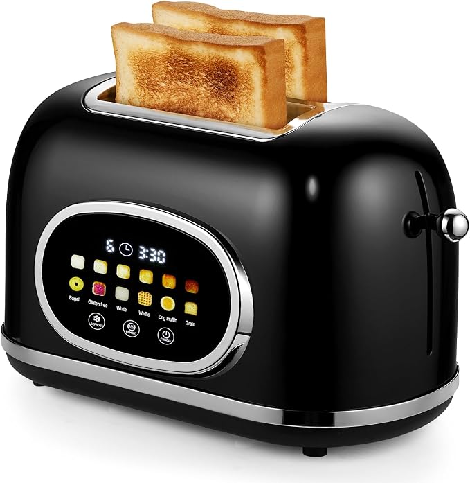 Roter Mond Smart 2 Slice Toaster, Touchscreen, Bagel Defrost, Retro Black | Retro stainless steel, digital timer & sleep mode, 6 bread types & shades, defrost/reheat/cancel,even toasting wide slots