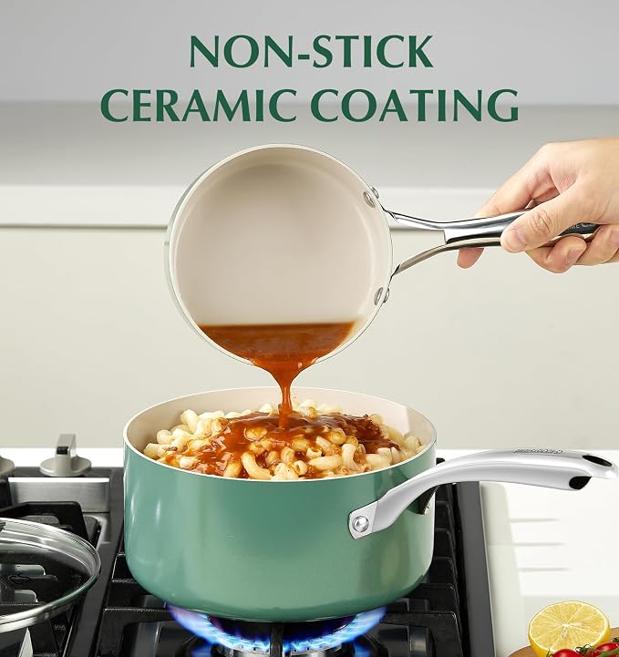 KOCH SYSTEME CS 1 Quart Saucepan with Lid, Nonstick Small Sauce Pan with Lid, PFAS-FREE Ceramic Saucepan for Healthy Cooking, Small Cooking Pots For Home Kitchen, Green