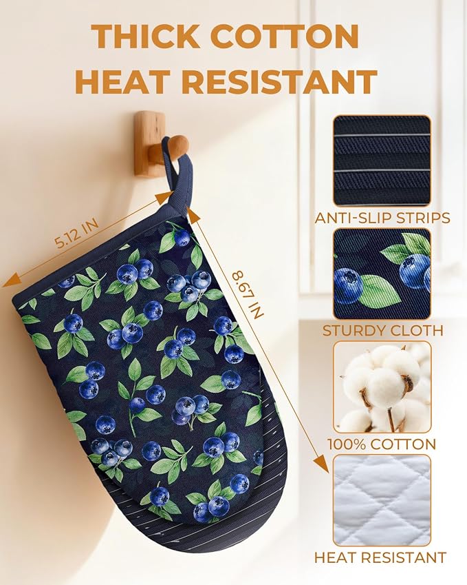 100% Thick Cotton Mini Oven Mitts Silicone Grip Blueberry | Elegant Classic Oven Mitts for Women, Machine Washable, Non-Slip, Reversible Design Fits Both Hands, Stylish Kitchen Decor
