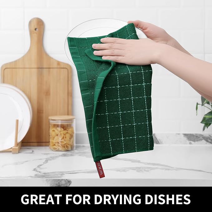 Homaxy 100% Cotton Terry Kitchen Dish Cloths, 12 Pack, Dark Green | Ultra Soft and Absorbent, Suitable for Drying and Washing Dishes