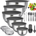 Wildone Mixing Bowls with Airtight Lids, Stainless Steel Mixing Bowls Set | Metal Bowls with 3 Grater Attachments & Non-Slip Bottoms, Size 5, 4, 3, 2,1.5, 0.63QT, Includes Utensil Set for Prep, Gray