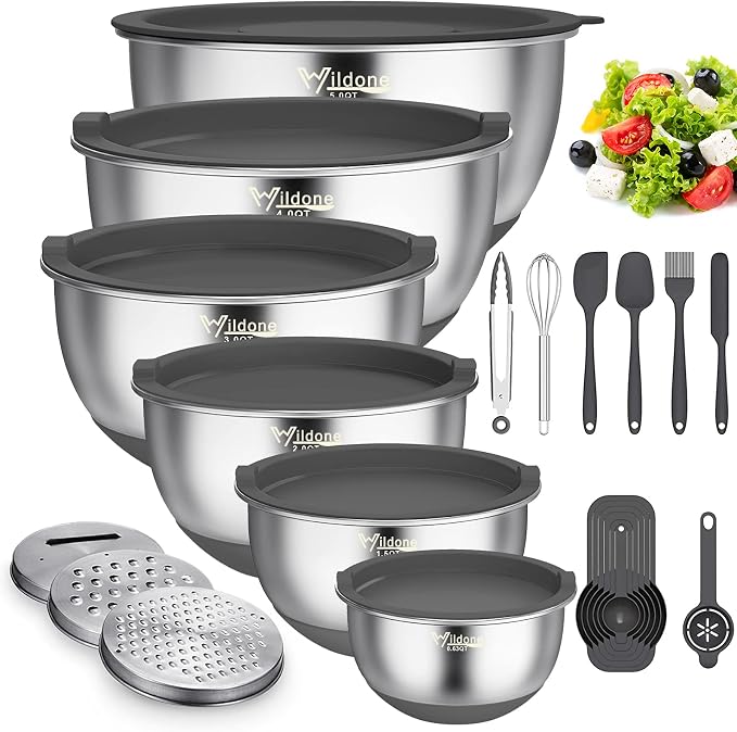 Wildone Mixing Bowls with Airtight Lids, Stainless Steel Mixing Bowls Set | Metal Bowls with 3 Grater Attachments & Non-Slip Bottoms, Size 5, 4, 3, 2,1.5, 0.63QT, Includes Utensil Set for Prep, Gray
