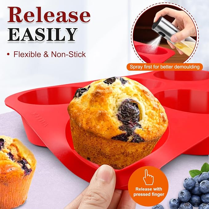 Walfos Silicone Texas Muffin Pan Set- 6 Cup Jumbo Silicone Cupcake Pan, Non-Stick, Just Release! Perfect for Egg Muffin, Big Cupcake - BPA Free and Dishwasher Safe, Set of 2