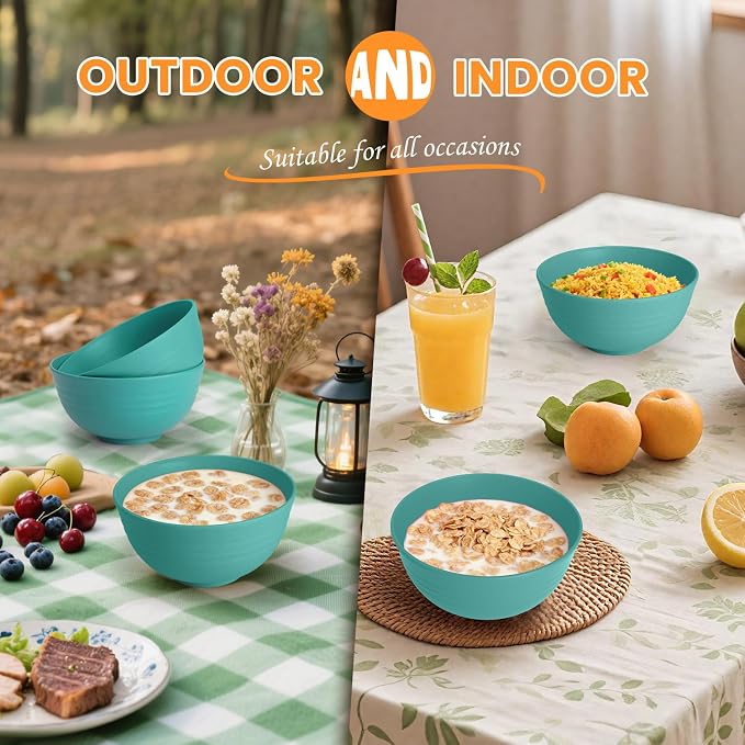 Wheat Straw Bowls, Cereal Bowls, Plastic Bowl Alternative, Set of 8, Unbreakable Microwave Safe Bowls for Soup, Salad, Dinner, Cereal, Snack, Dishwasher Safe for Kitchen, Party (Green, 26 OZ)
