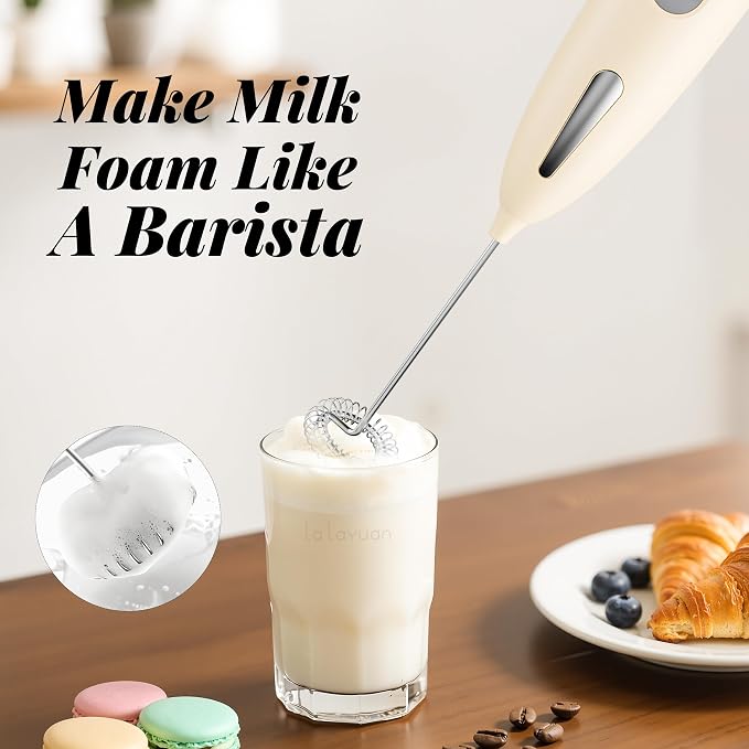 Electric Milk Frother, Three speed adjustment, USB Rechargeable Cordless Hand Blender with Sticky Stand Included, Portable Kitchen Stainless Steel Egg Beater, Mixed Drinks, Coffee Stirrers (Beige set)