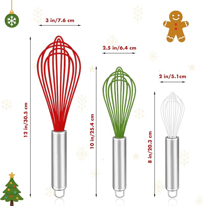 OYV Christmas Whisk Set of 3, 8/10/12 Inch, Holiday Red/Green/White | Christmas Gift for Bakers and Home Chefs
