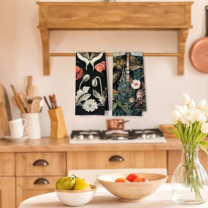 Moody Floral Moth Dragonfly Kitchen Towels Set of 2, Dark Cottagecore Botanical Dish Tea Towels for Kitchen Decor, Dark Academia Flowers Hand Towels for Bathroom Decor, 16x24 Inch
