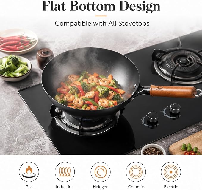 Carbon Steel Wok Pan with Lid, 9.4 Inch Deep Flat Bottom Wok, Coating-Free Carbon Steel Pan for Stir Fry, Soup, Noodles, Braising & Boiling, Small Induction Wok with Wooden Handle