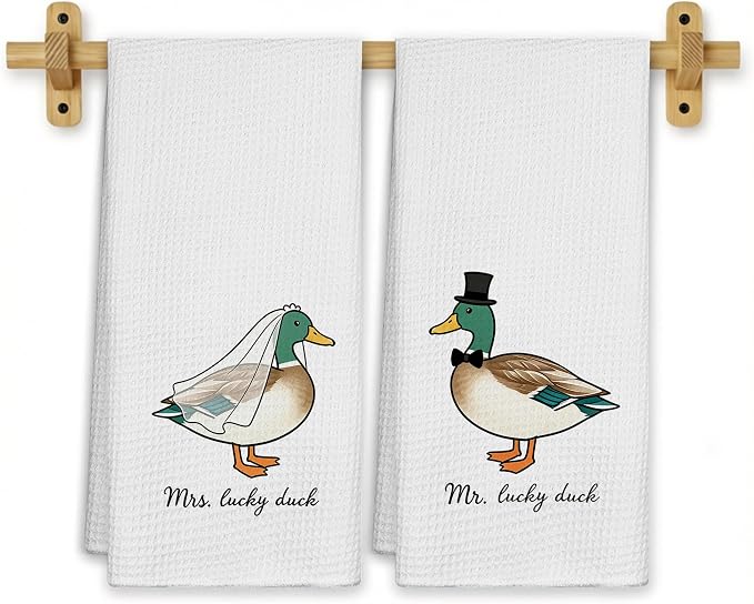 Funny Mallard Duck Mr and Mrs Kitchen Towels, Wedding Gifts for Couples Newlyweds Dish Tea Towels for Kitchen Decor, Just Married Gifts Decorative Hand Towel for Bathroom, 16x24 Inch Set of 2
