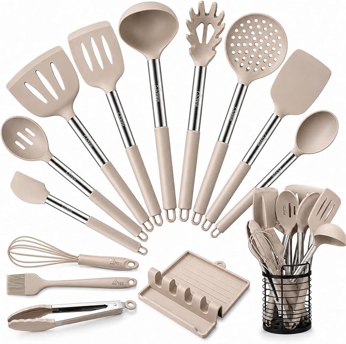 HOTEC 446°F Heat Resistant Silicone Kitchen Utensils, Cooking Utensil Set, Spatula Set, BPA Free, Kitchen Gadgets, With Stainless Steel Utensils Holder, Dishwasher Safe 14pcs Khaki