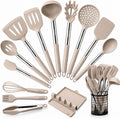 HOTEC 446°F Heat Resistant Silicone Kitchen Utensils, Cooking Utensil Set, Spatula Set, BPA Free, Kitchen Gadgets, With Stainless Steel Utensils Holder, Dishwasher Safe 14pcs Khaki