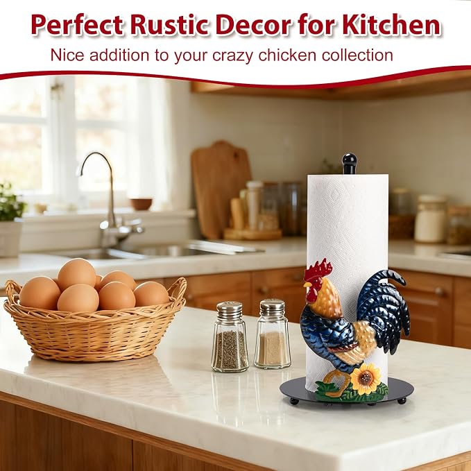 Rooster Paper Towel Holder Countertop for Kitchen, Farmhouse Chicken Decor | Sunflower & Chicken Farmhouse Kitchen Decor and Accessories, Rustic Housewarming Gifts, Roll Dispenser with Weighted Base