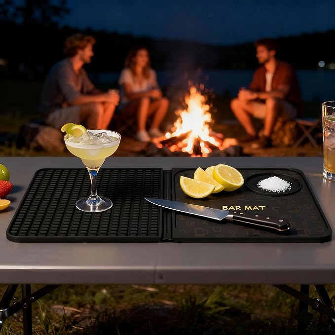 3-in-1 Folding Bar Mat with Cutting Board, 18"x12" Silicone Countertop Bar Mat for Cocktails & Bartending - Quick-Dry Design Doubles as Dish Drying Mat & Meal Prep Station, Non-Slip