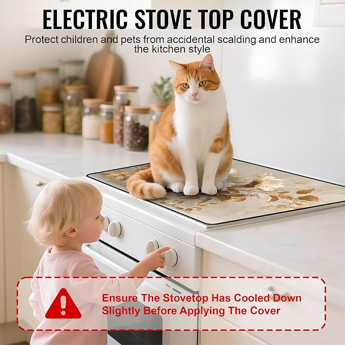 NYZE Gold Leaves & Cream Floral Stove Top Cover for Electric/Glass Stove, Flat Top Cooktop Protector, Electric Cooktop Cover, Extra Counter Space for Kitchen