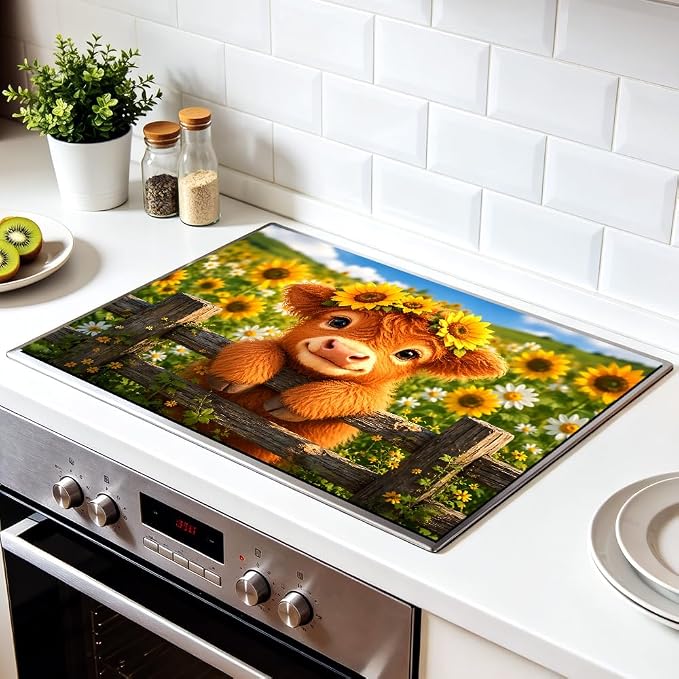 Farmhouse Highland Cow Stove Top Cover 28x20 Inch Electric Stove Cover | Heat Resistant Cooktop Protector Mat with Non-Slip Backing, Scratch Protection and Countertop Drying Mat.