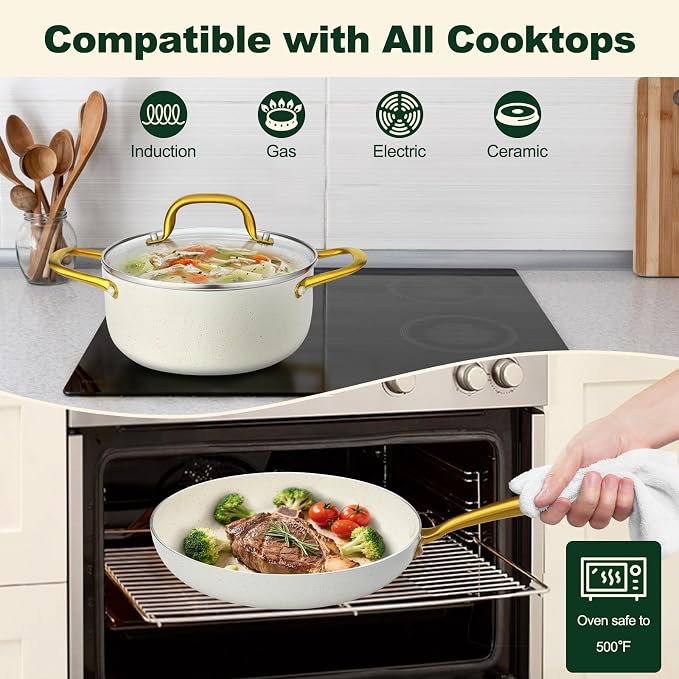 M MELENTA Pots and Pans Set 7 piece, Non Stick White Granite Cookware Set | Compact Starter Cookware, Nonstick Pots and Pans Set, Induction Cookware, Kitchen Cooking Set, Oven Safe, PFOA Free