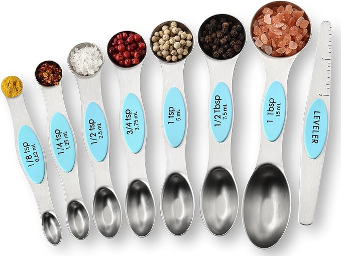 Spring Chef Magnetic Measuring Cups & Spoons Set of 15, Patented, Aqua Sky | Stackable Stainless Steel Measuring Cups & Heavy Duty Metal Measuring Spoons with Levelers for Dry & Liquid Ingredients