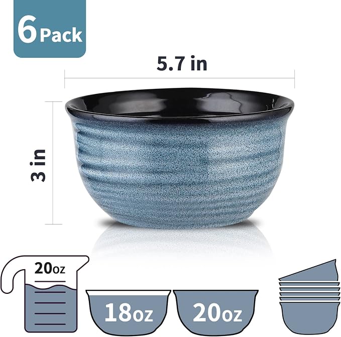 HASENSE Ceramic Cereal Bowls Set of 6, 20 Oz Navy Blue Stoneware Bowls, Farmhouse Bowls for Cereal, Soup, Rice, Pasta & Salad, Dishwasher & Microwave Safe
