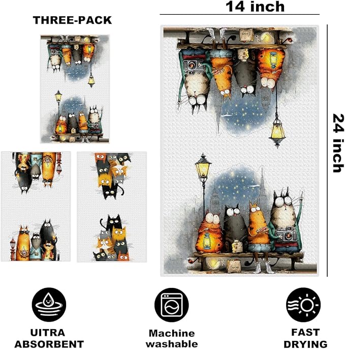 3 Pcs Cute Cat Kitchen Towels, Funny Cats Gifts Absorbent Hand Towels-04 | Cat Dish Cloths for Drying Dishes, Cats Waffle Dish Towels for Kitchen Home Bathroom Decor, Cat Lover Gifts for Women Mom
