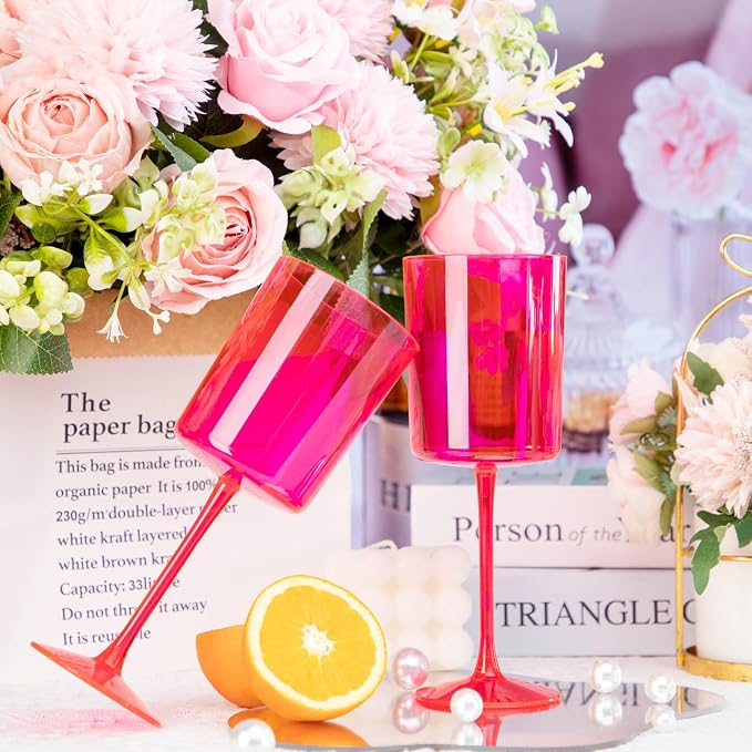 Ciaell 12 Pack Hot Pink Plastic Wine Glasses for Weddings Parties | 10 oz Hot Pink Stemmed Cups, Heavy Duty Plastic, Wine Champagne Cocktails Beverages for Anniversaries Birthdays Bars