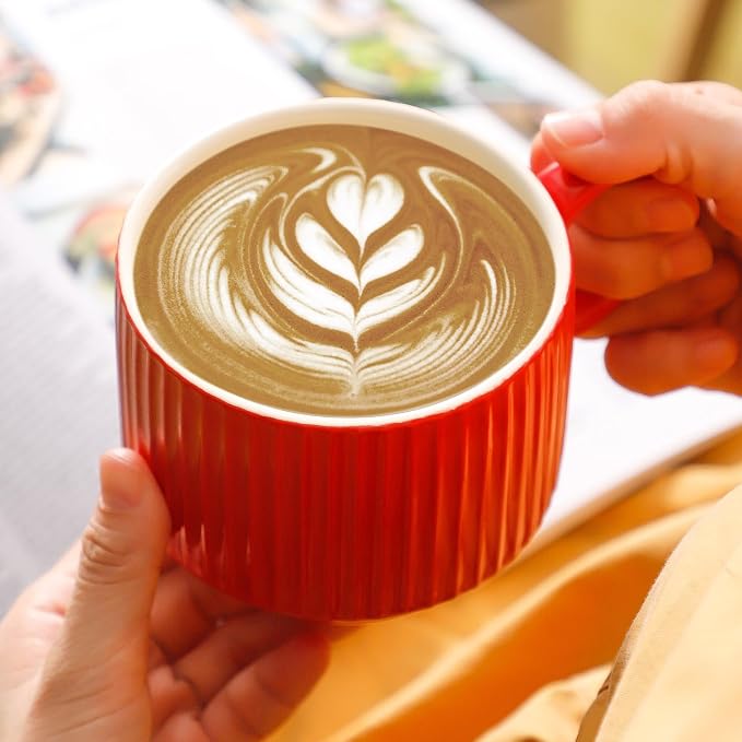 HASENSE Red Coffee Mugs, 15 oz Stackable Coffee Cups Set of 4 with Rack - Ceramic Large Ribbed Modern Latte Cup Set for Cappuccino, Tea, Hot Cocoa, Drinks - Dishwasher & Microwave Safe