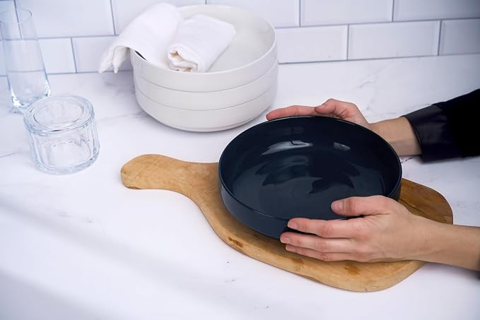 KooK Ceramic Large Pasta Bowls, Microwave and Dishwasher Safe, Great for Soups and Salads, Shallow Serving Bowls, Glossy Porcelain, 47 oz, Set of 4, Navy Blue