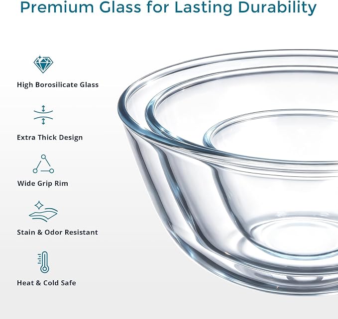 E-far Glass Mixing Bowls with Airtight Lids Set, 4.8,2.9,0.8 Qt Thick Glass Salad Bowls for Cooking Prep Serving, Large Clear Nesting Bowls for Storage Sourdough Proofing, Dishwasher Safe, 3 Pack
